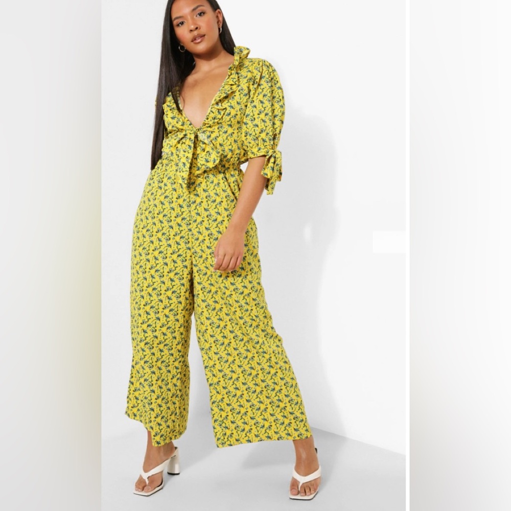 PLUS FLORAL TIE FRONT JUMPSUIT YELLOW